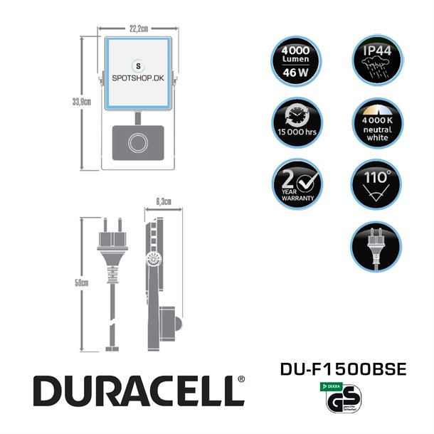 DURACELL LED projektør 46 W med sensor 4000 lumen #DU-F1500BSE  